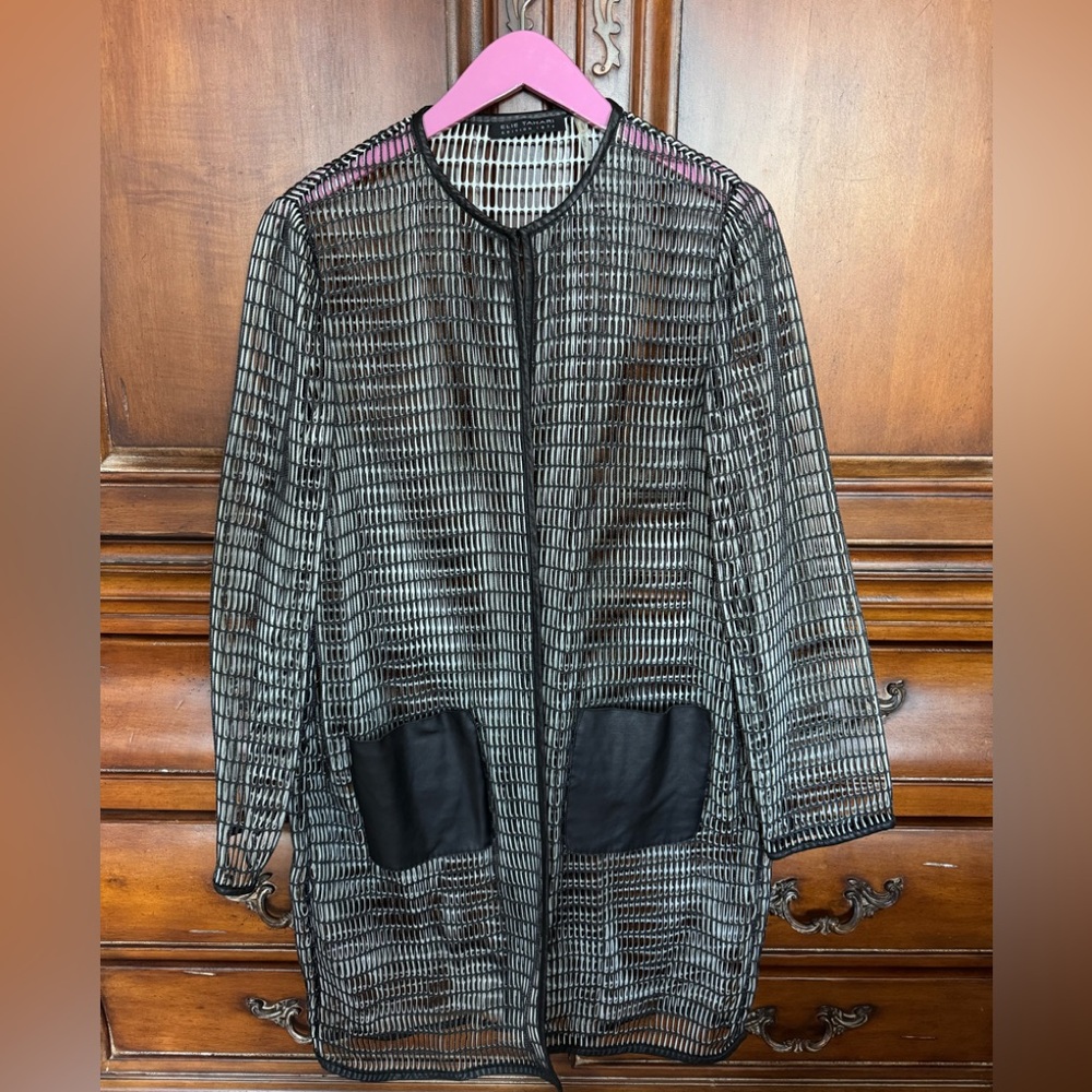 Elie Tahari Black and White Net Jacket with Lambskin Front Pockets